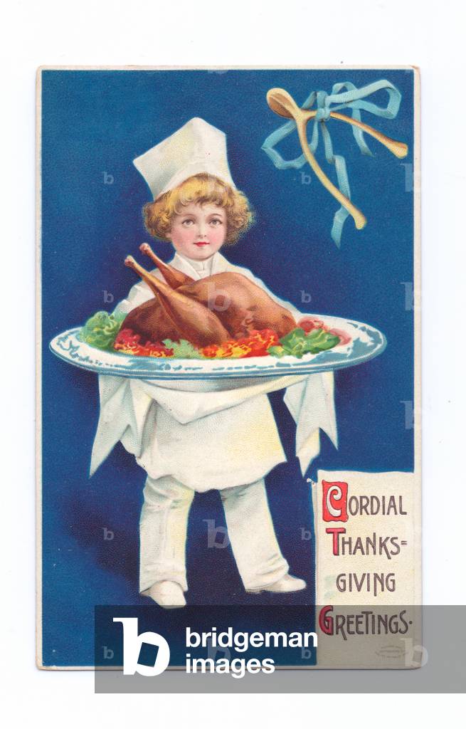 Edwardian thanksgiving postcard of a child wearing a chef's outfit holding a tray with a roast turkey on it, c.1910 (colour litho)