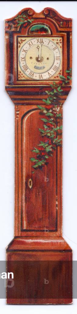 A Victorian die cut greeting card in the shape of a grandfather clock decorated with holly, c 1880 (colour litho)