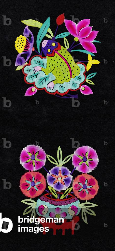 Chinese paper-cut of a frog with a lotus flower and flowers in a bowl on a stand, c.1960 (hand-coloured and hand-cut)