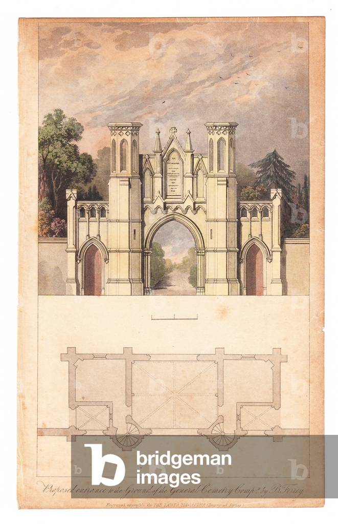 Entrance to Highgate Cemetery published by The Lady Magazine, circa 1839. (engraving)