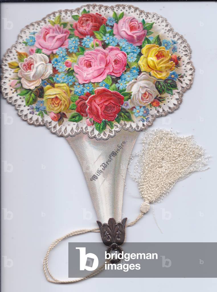 A Victorian die cut mechanical greeting card of a bouquet of flowers, c.1880 (colour litho)