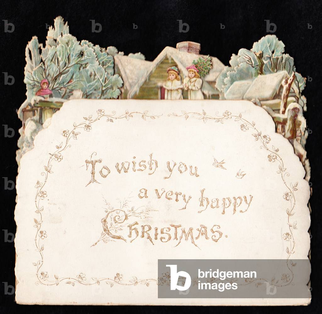 A Victorian die cut pop up Christmas card of a girls, one carrying a Christmas tree at a snow covered place, c.1880 (colour litho)