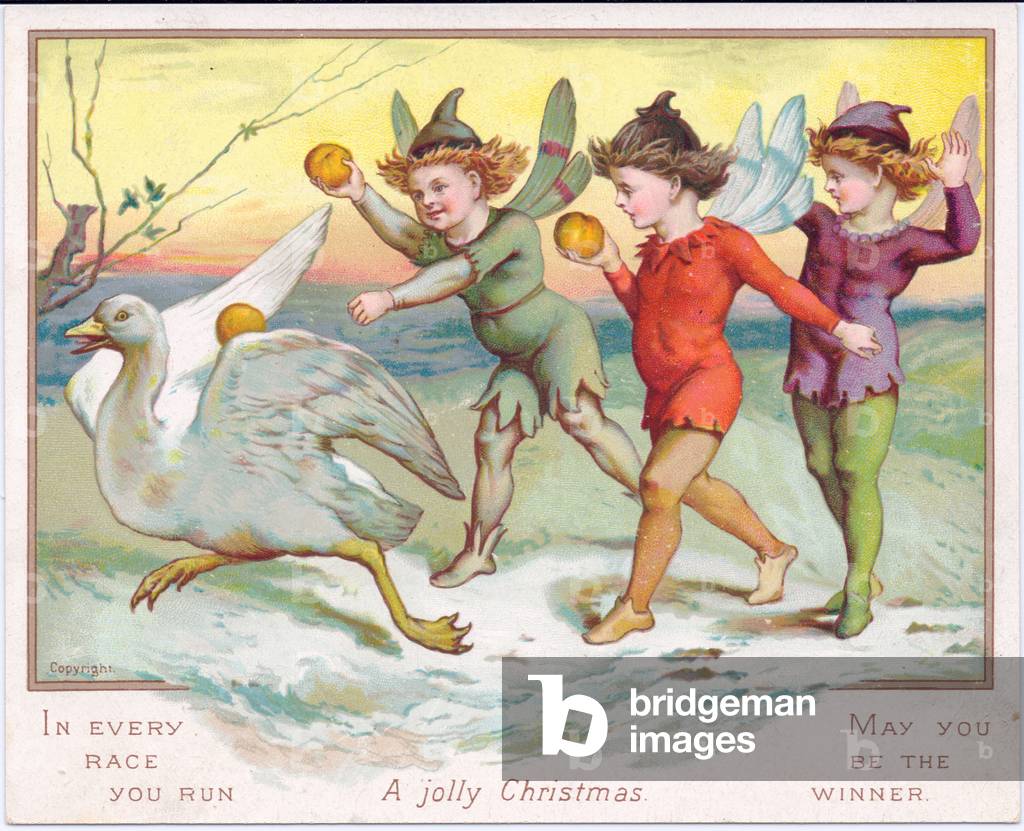 Victorian Christmas card of malicious elves pelting a goose with oranges