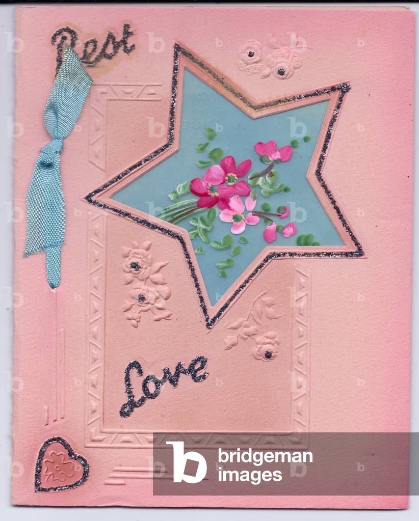 A greeting Card with a cut-out star and hand-painted flowers, circa 1910 (coloured lithograph)