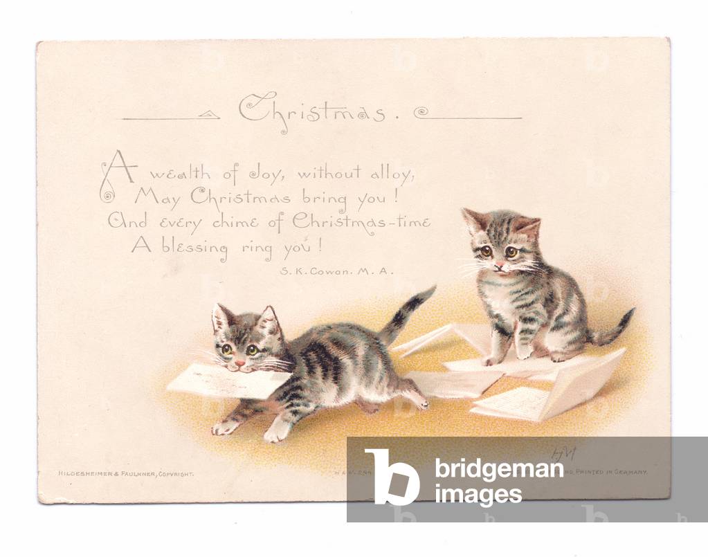 A Victorian Christmas card of a kitten with an envelope in it's mouth looked on by another kitten, c.1880 (colour litho)