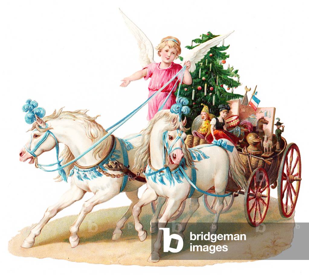 A Victorian Paper Scrap Relief of an angel driving a cart of toys pulled by two horses, c.1880 (colour litho)
