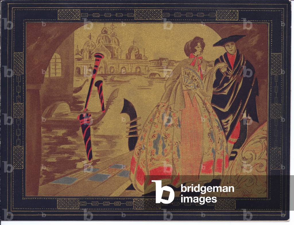 A hand-coloured French Pochoir greeting card of a venetian scene, circa 1920 (stencil)
