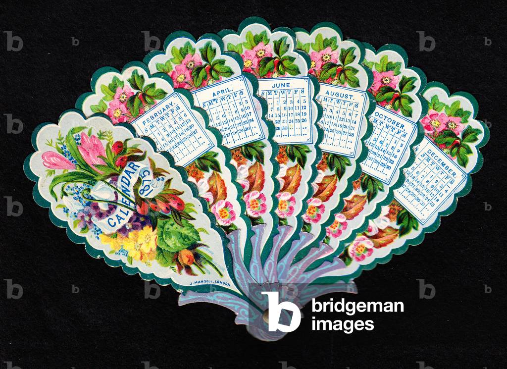 A Victorian die cut calendar greeting card in the shape of a folding fan with images of flowers and foliage, c.1875 (colour litho)