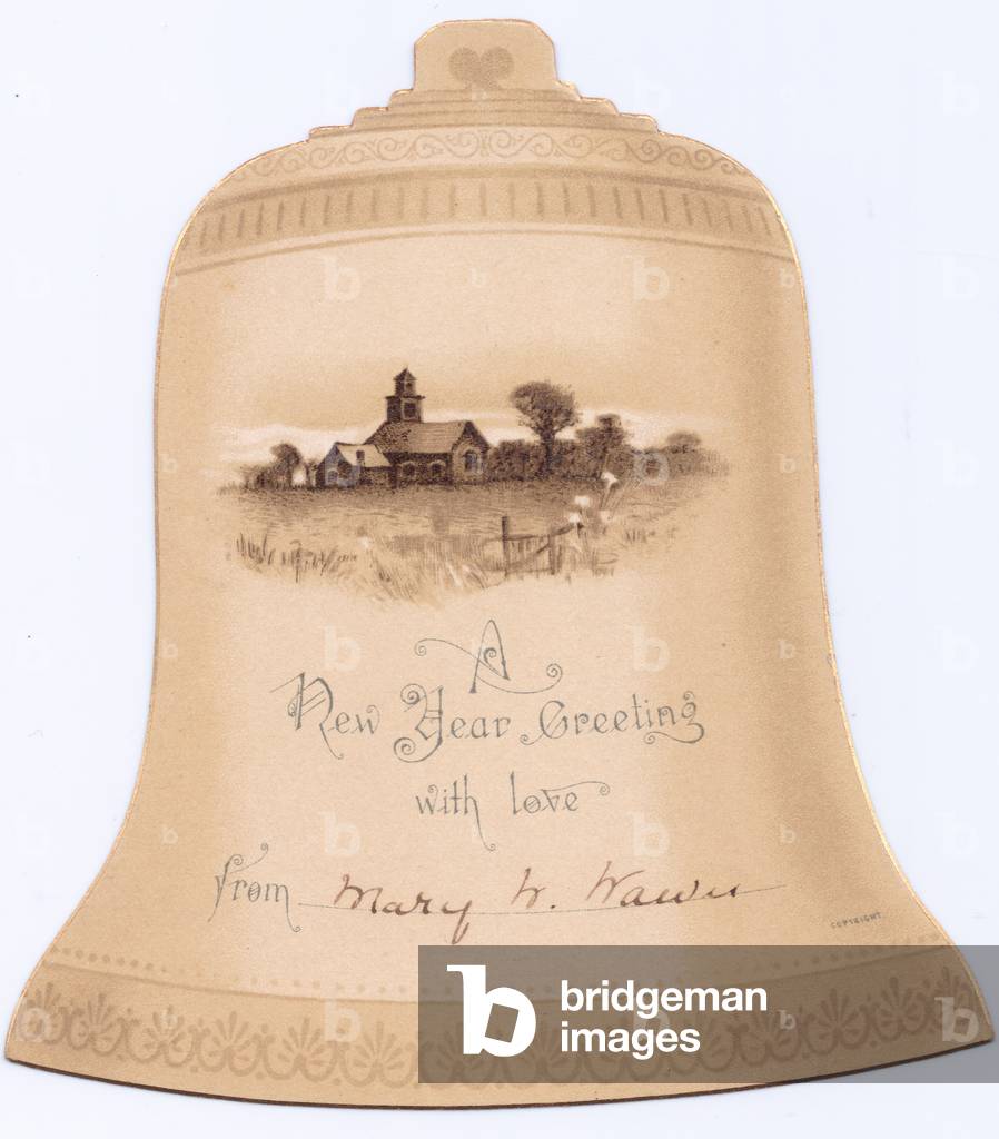 A Victorian die-cut shape New Year card of a bell with an image of a church in a field on it, c.1880 (colour litho)