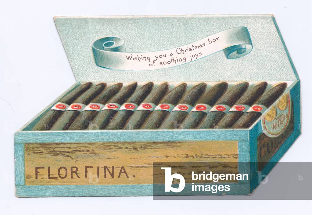 A Victorian die-cut shape Christmas card of a box of cigars, c. 1880 (colour litho)