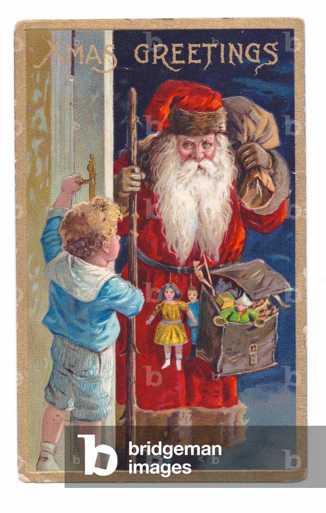 Edwardian Christmas postcard of a boy opening the door to Father Christmas, c.1910 (colour litho)
