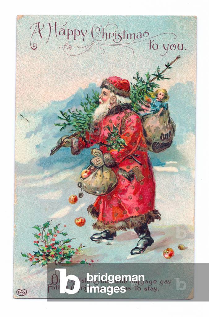 Edwardian Christmas postcard of Father Christmas walking through the snow with a Christmas tree and sack of toys on his shoulder, c.1910 (colour litho)