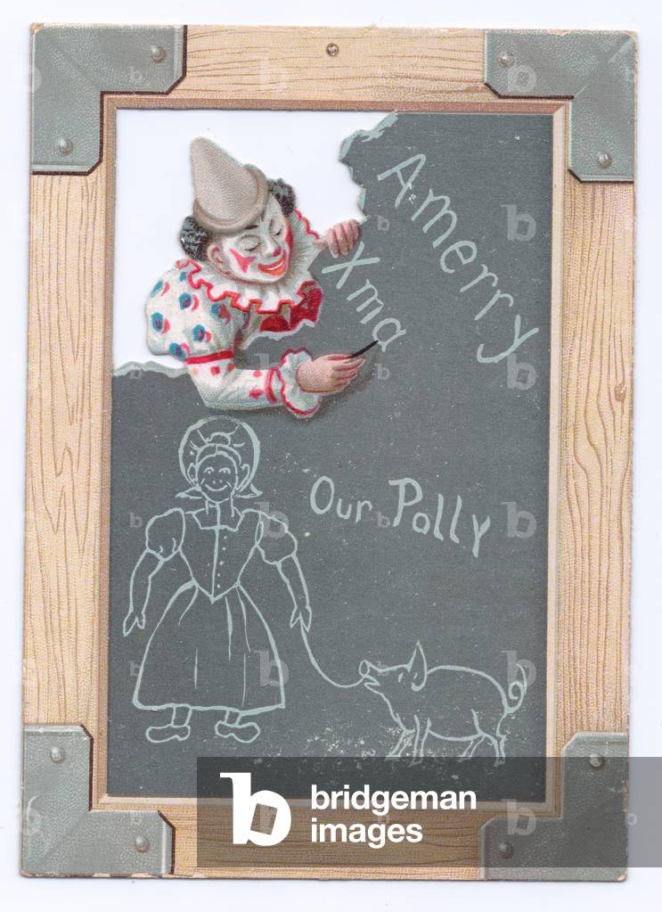 Victorian Christmas card of a clown writing a Christmas message on a blackboard, c.1880 (colour litho)