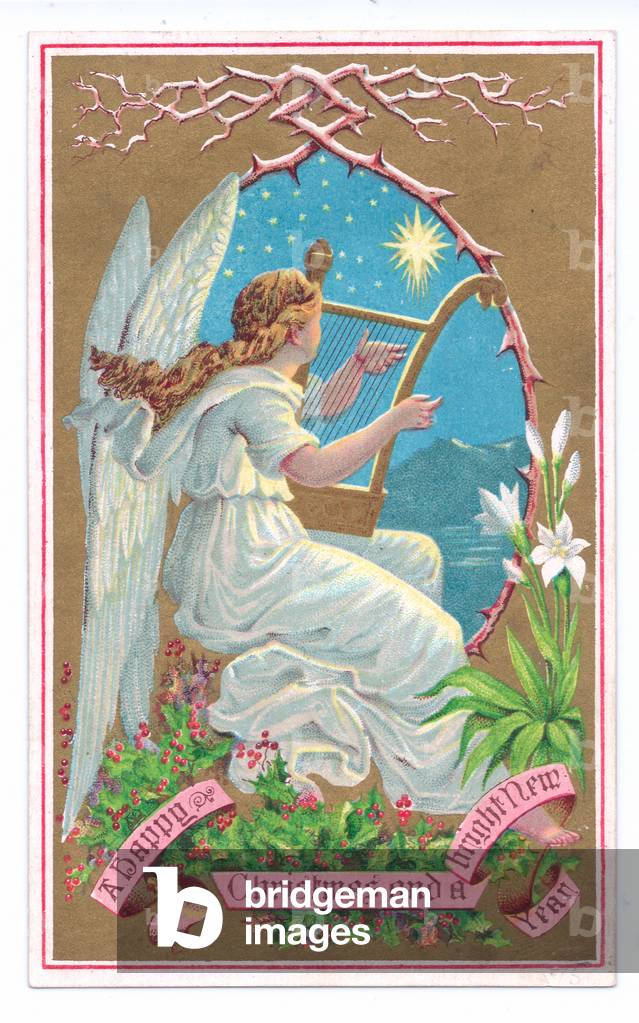 Victorian Christmas and New Year card of an angel playing a harp on a moonlit night, c 1880 (colour litho)