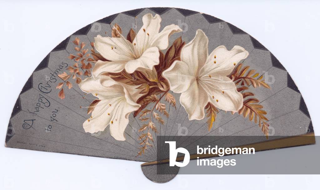 A Victorian die cut New Year card in the shape of a fan with an image of a, c.1880 (colour litho)