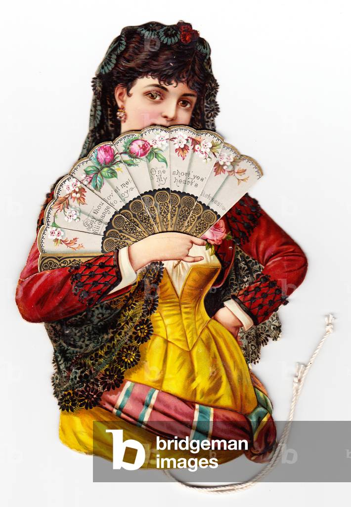 A Victorian Paper Scrap Relief of a spanish woman wearing a mantilla and holding a fan, c.1880 (colour litho)