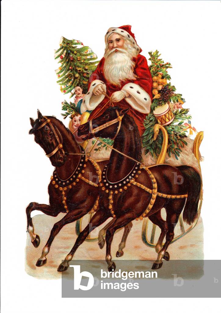 A Victorian Paper Scrap Relief of Father Christmas seated on a cart pulled by two horses with gifts behind him, c.1880 (colour litho)