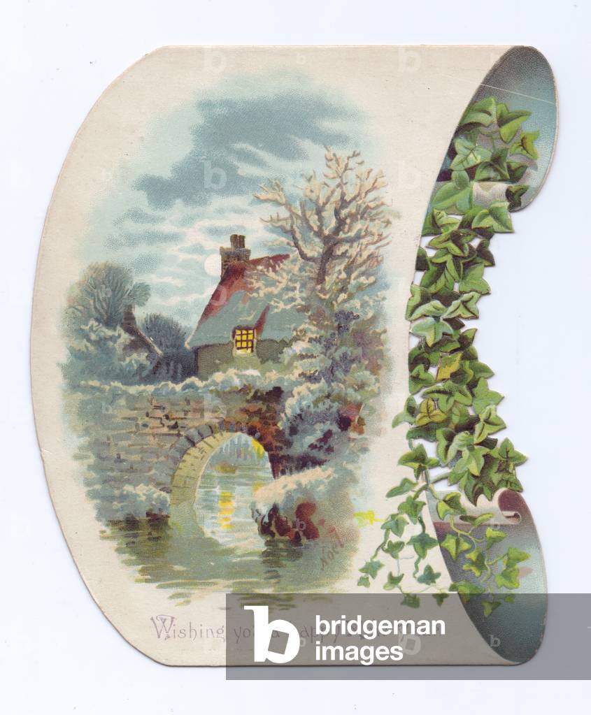 A Victorian die-cut shape New Year card of a scroll with an image of a cottage, a bridge and a stream on it, c.1880 (colour litho)