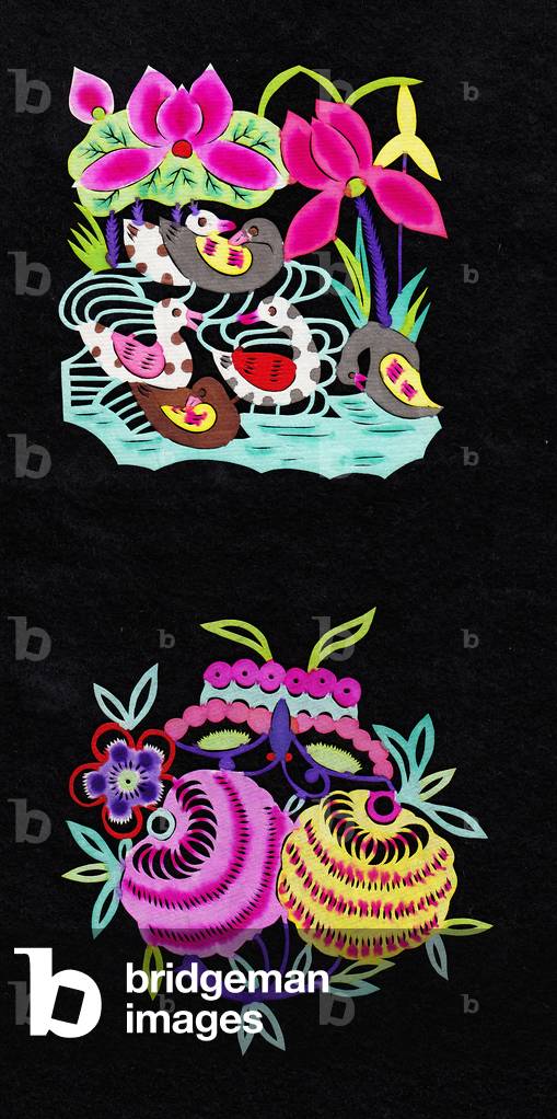 Chinese paper-cut of six ducks with lotus flowers and crysanthemums, c.1960 (hand-coloured and hand-cut)