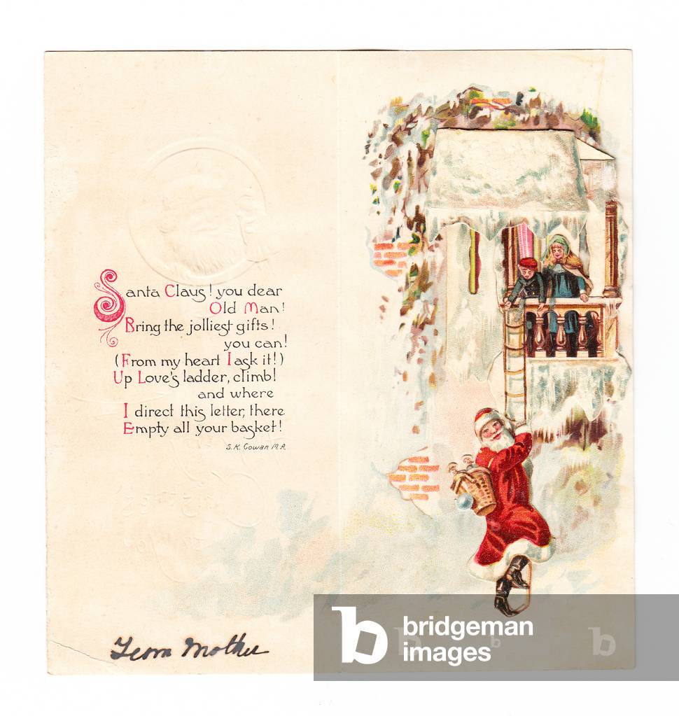 A Victorian Christmas card of Santa climbing a ladder delivering gifts to two waiting children, c.1880 (colour litho)