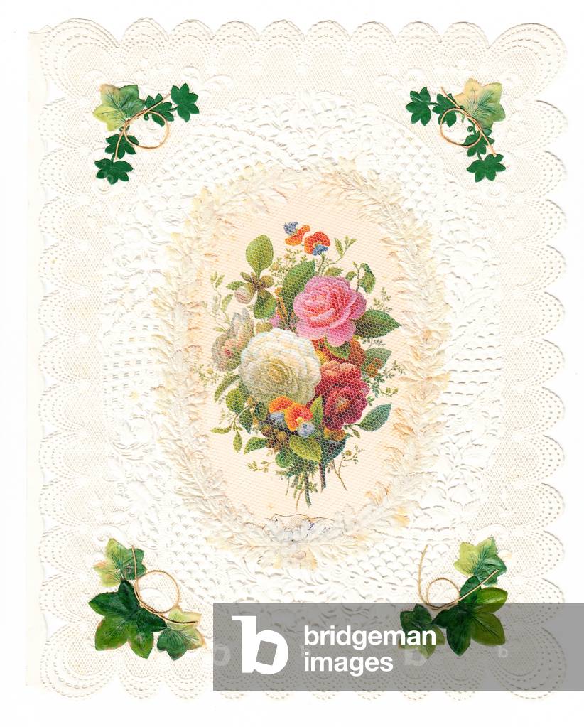 A Victorian paper lace Valentine card of a bouquet of flowers, c.1870 (colour litho)
