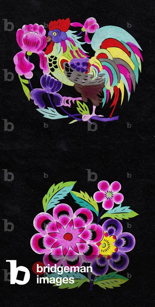 Chinese paper-cut of a cockeral and a floral arrangement, c.1960 (hand-coloured and hand-cut)