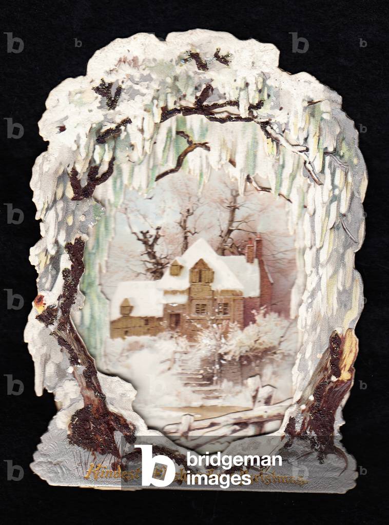 A Victorian die cut three dimensional Christmas card of a snow covered house, c.1880 (colour litho)