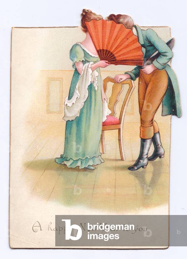 Victorian New Year card with the faces of the lady and gentleman hidden behind a large red fan, c.1880 (colour litho)