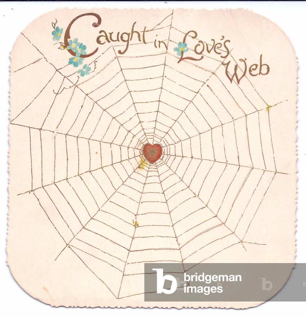 An Edwardian Valentine Card 'caught in love's web' of a heart on a spiders web, circa 1910 (coloured lithograph)