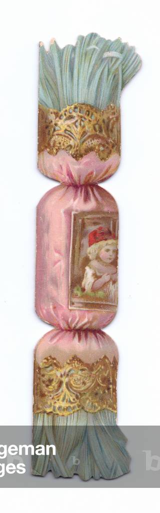 A Victorian die-cut shape card of a Christmas cracker, c.1880 (colour litho)