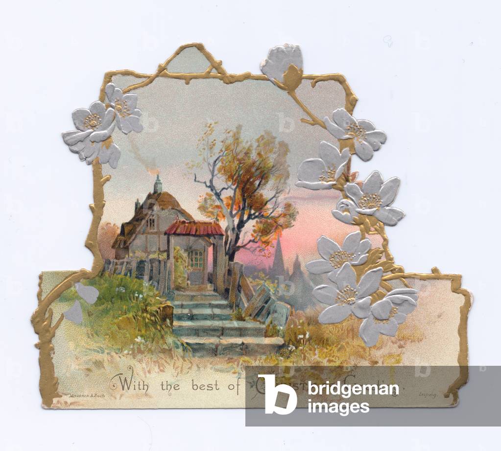 A Victorian die-cut shape Christmas card of a cottage at sunset, c.1880 (colour litho)