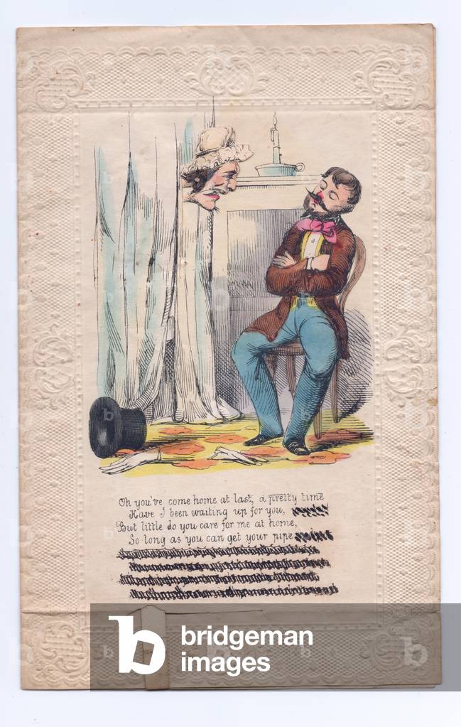 A Victorian hand coloured engraved and embossed mechanical Valentine card of a woman scolding a seated gentleman with her head disappearing behind the shower curtain when the tab is pulled, c.1860 (colour litho)