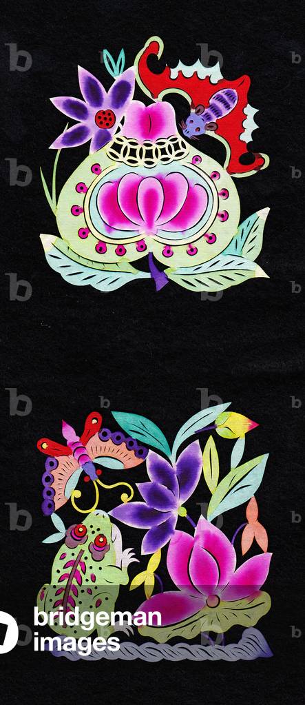 Chinese paper-cut of butterfly, frog and a lotus flower, c.1960 (hand-coloured and hand-cut)
