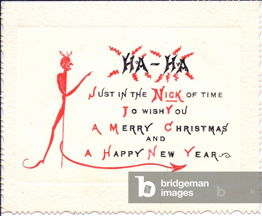 A humorous Victorian play-on-word Christmas and New Year card of the devil, c.1890 (colour litho)