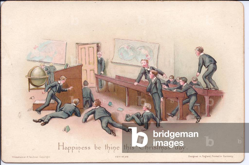 A Victorian Christmas card of a headmaster looking at unruly boys in a classroom, c.1880 (colour litho)