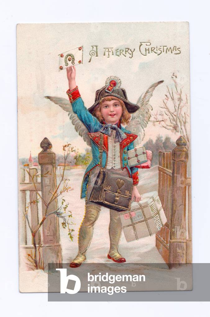 Edwardian Christmas postcard of an angel at a gate bearing gifts, c.1910 (colour litho)