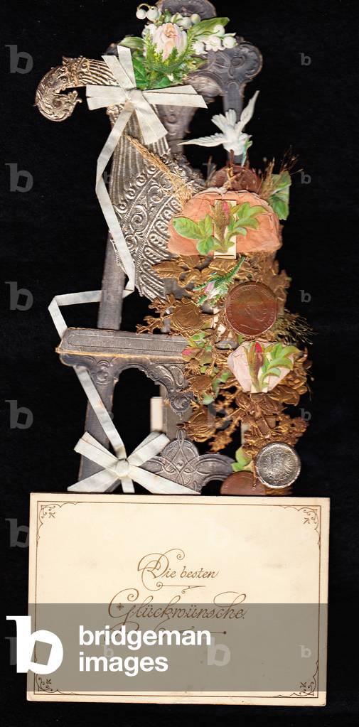 A Victoriandie cut pop up greeting card of a silver embossed artist's easel, c.1880 (colour litho)