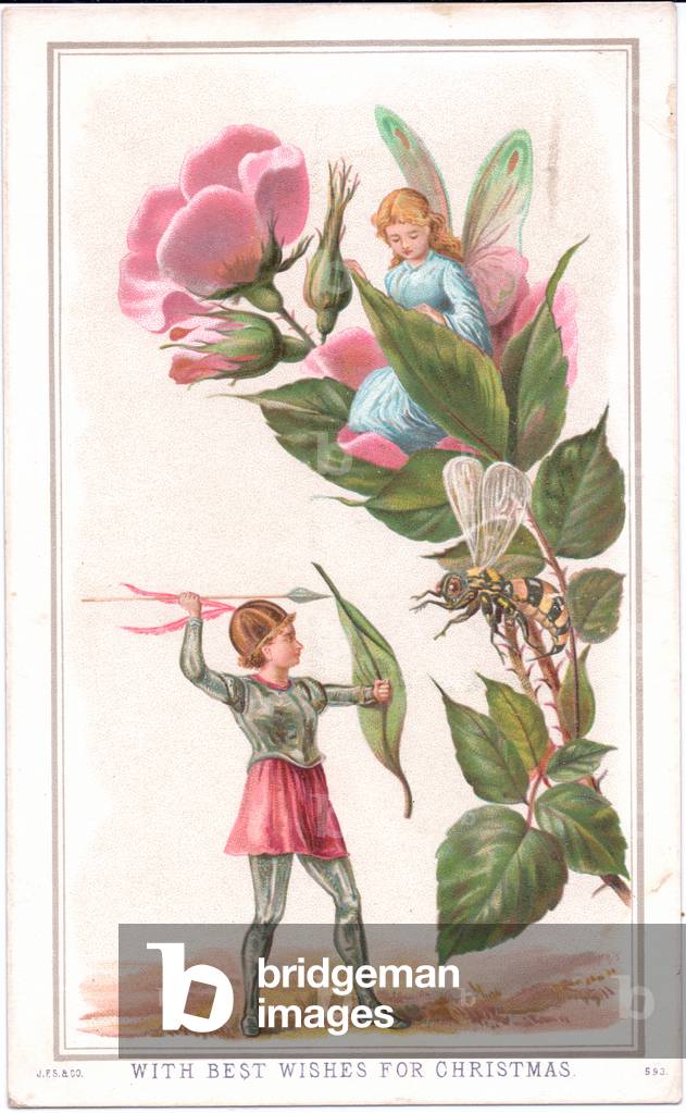 A Victorian Christmas card of a fairy sitting on a rose and another fairy throwing a spear at a wasp, c.1880 (colour litho)