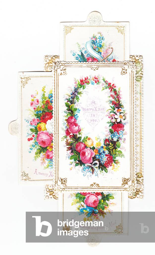 A Victorian deckle edge gold embossed mechanical Christmas card of a wreath of flowers, c.1880 (colour litho)