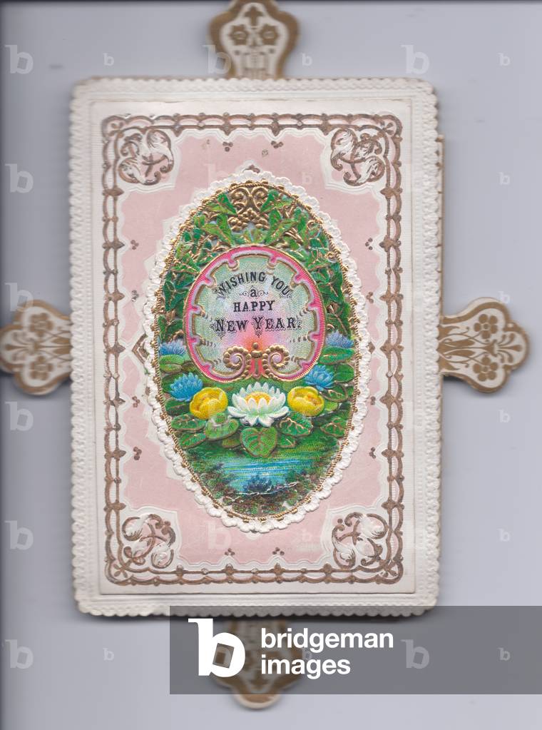 A Victorian deckle edge gold embossed mechanical greeting card of water lilies, c.1880 (colour litho)