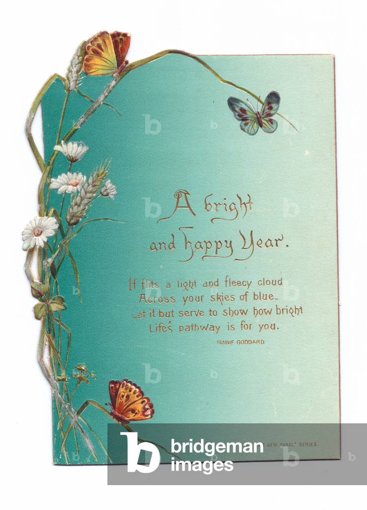 A Victorian die-cut shape New Year card of butterflies and daisies, c.1880 (colour litho)