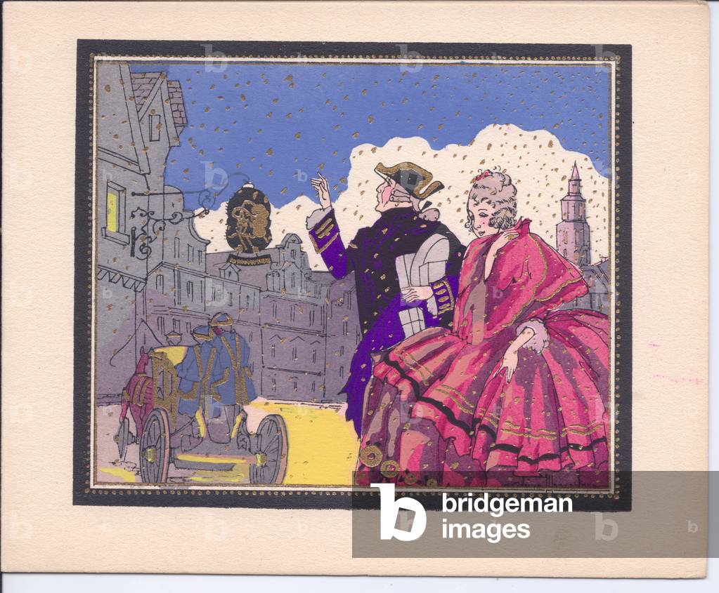 A hand-coloured French Pochoir Christmas card of a man and lady walking in the falling snow to a tavern, circa 1920 (stencil)