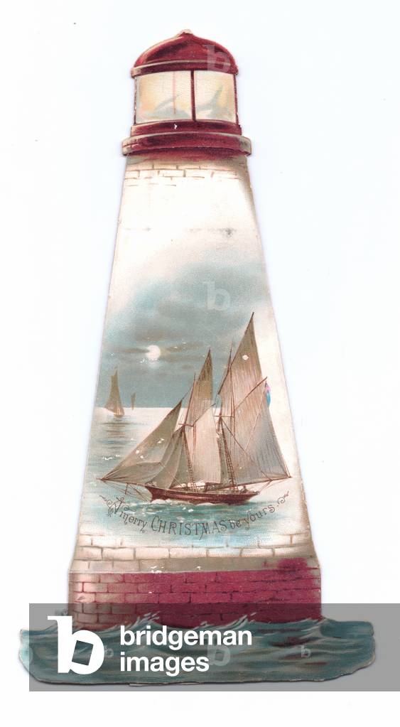 A Victorian die-cut shape Christmas card of a lighthouse with an image of yachts on a moonlit night on it, c.1880 (colour litho)