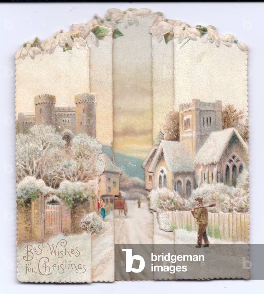 A folding concertina Victorian Christmas card of a castle and church and a man carring a spade in the snow, c.1880 (colour litho)