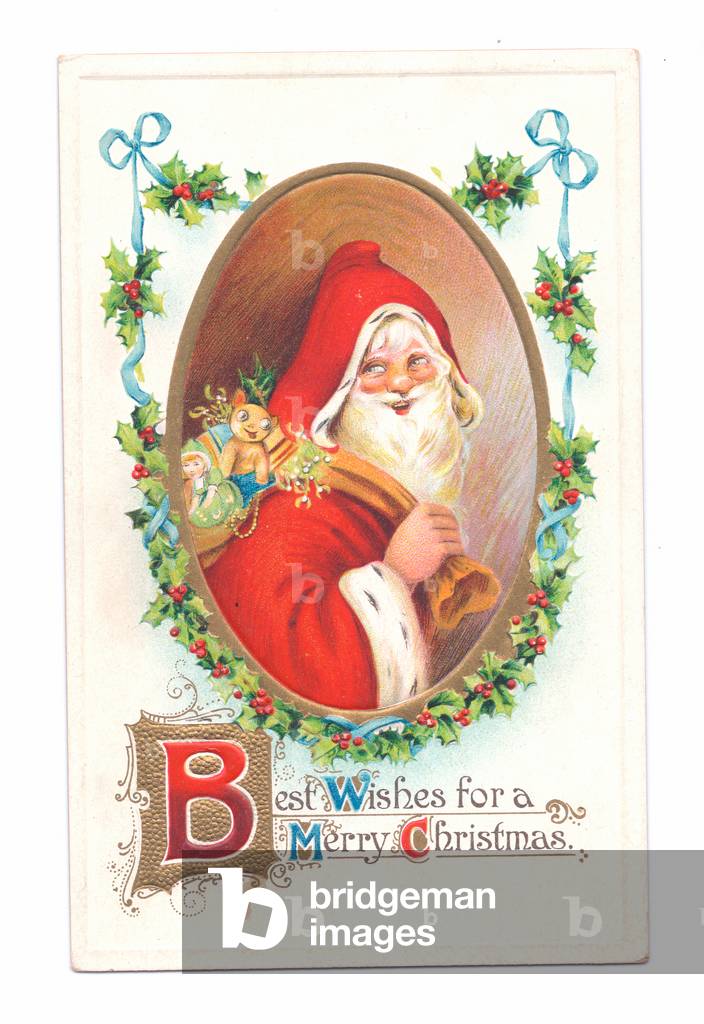 Edwardian Christmas postcard of a smiling Father Christmas with a sack of toys across his shoulder, c.1910 (colour litho)