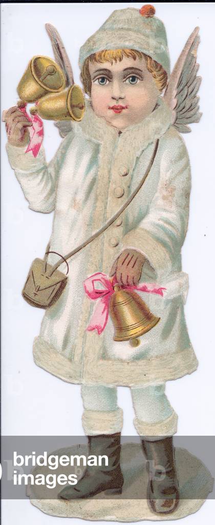 A New Year Victorian Paper Scrap Relief of an angel in a fur trimmed coat and boots holding bells, c.1880 (colour litho)