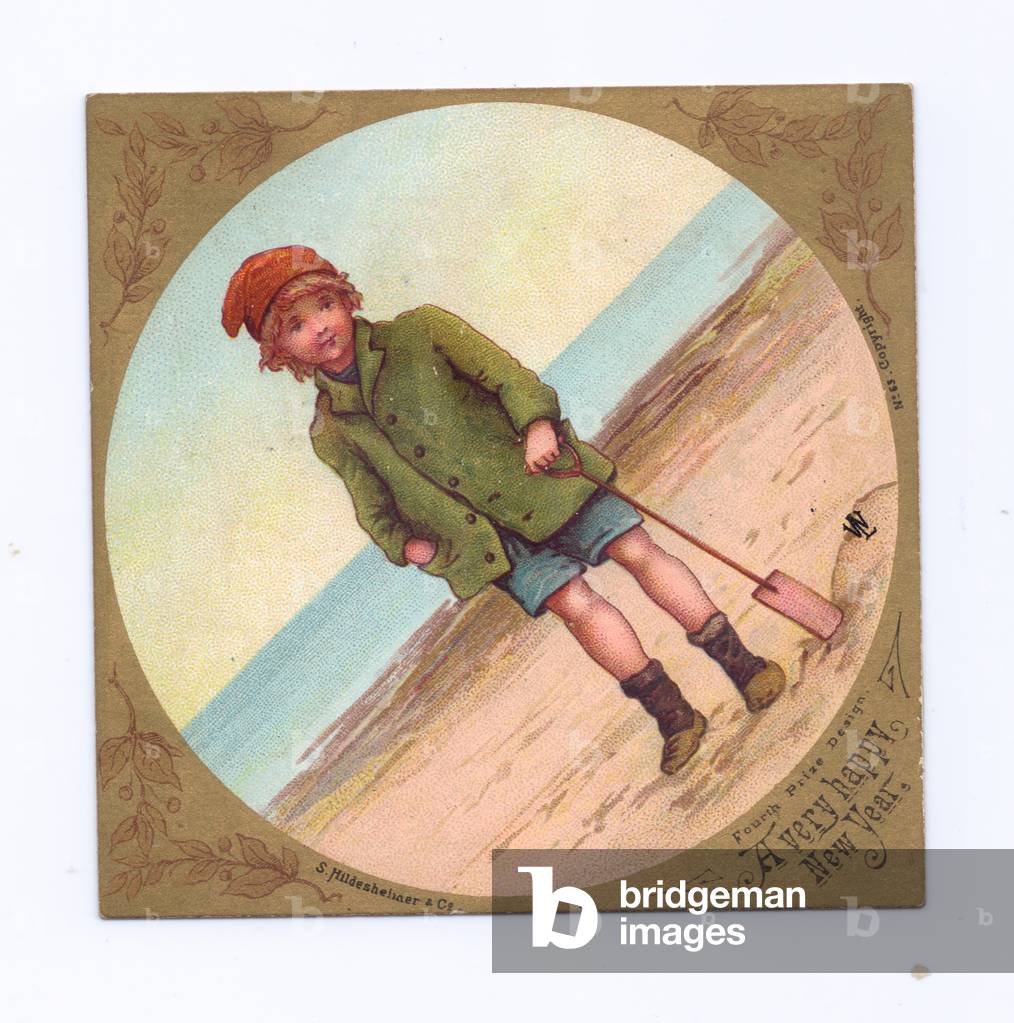 A Victorian New Year card of a boy wearing a jacket and cap at a beach holding a spade in the sand, c.1880 (colour litho)
