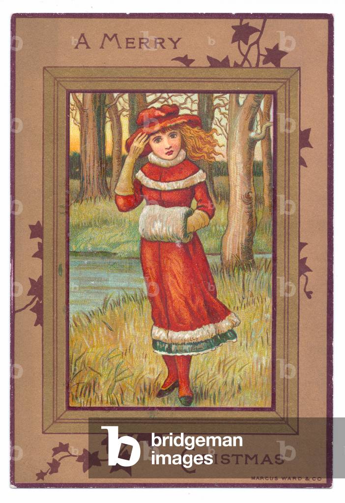 A Victorian Christmas card of a girl wearing a muff holding  her bonnet in the wind, c.1880 (colour litho)