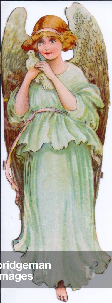 A Victorian Paper Scrap Relief of an angel holding a pigeon, c.1880 (colour litho)