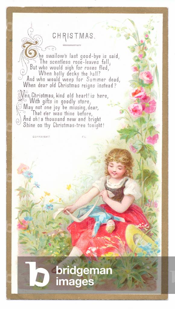 A Victorian Christmas card of a girl playing with a doll, c.1880 (colour litho)